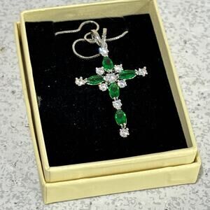 Delicate green & white crystal cross pendant silver chain religious jewelry